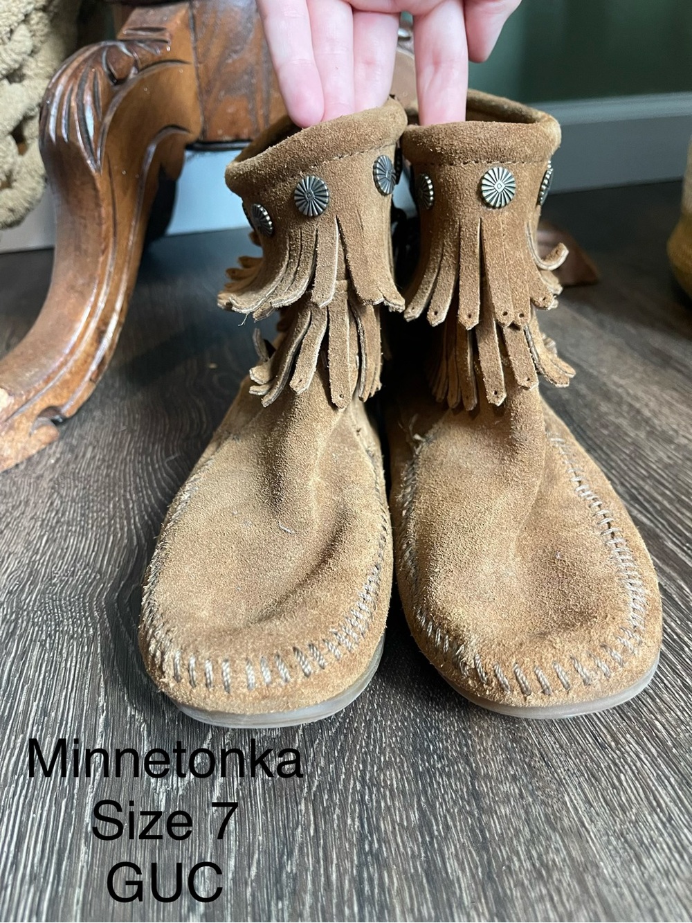 Minnetonka Tan Suede Fringe Moccasins with Conchos